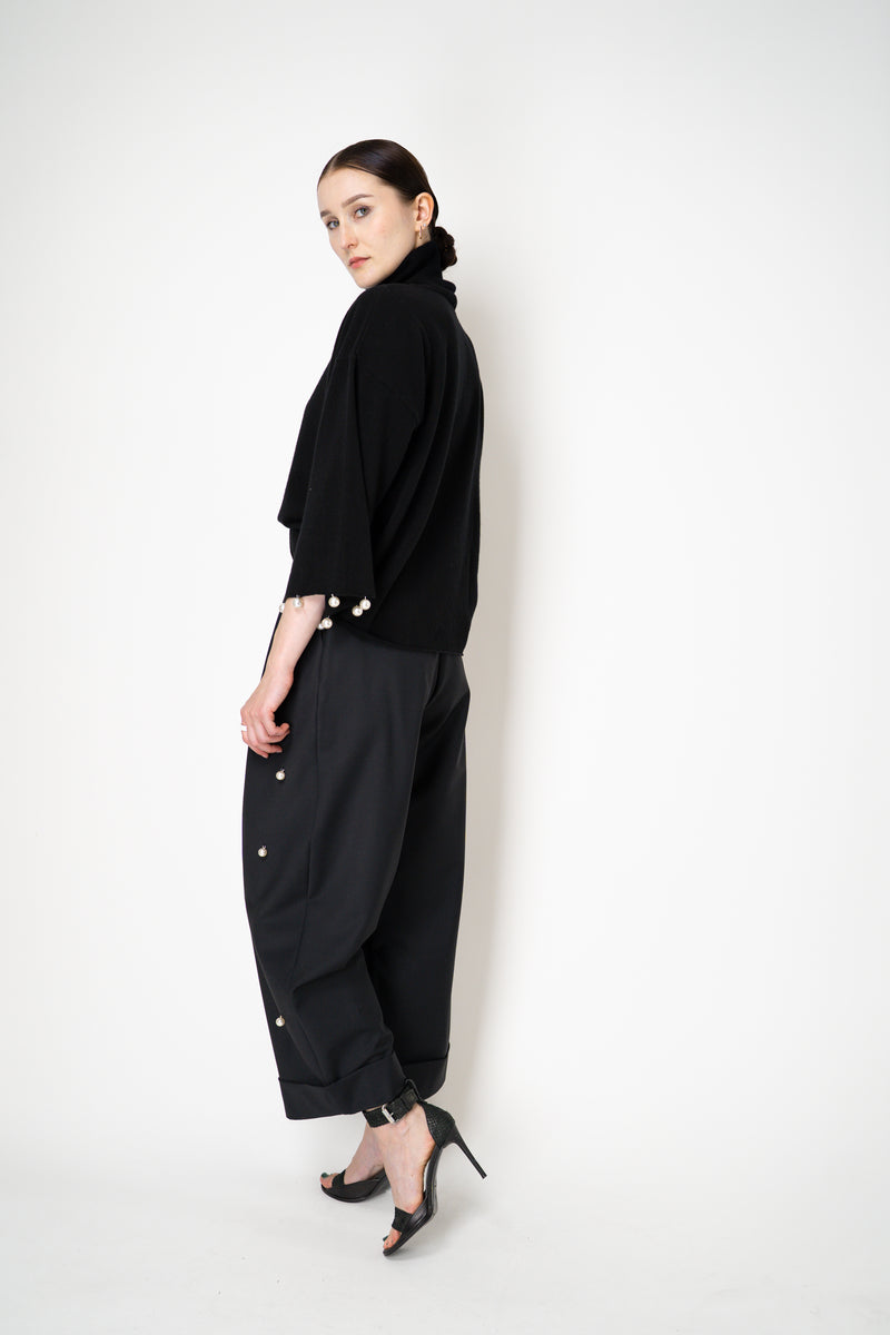 MeiMeiJ Pearl Embellished Wool Cashmere Knit Turtleneck Pullover in Black