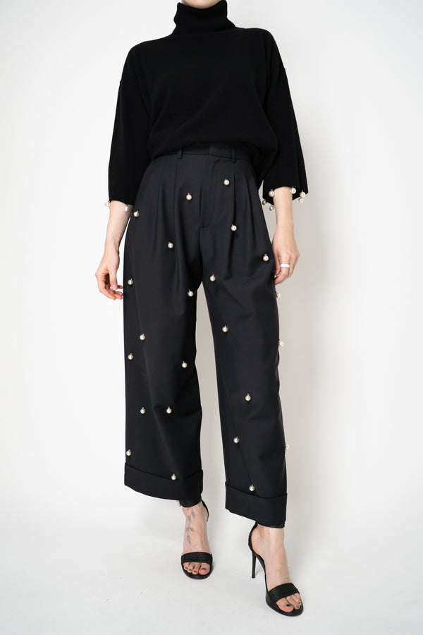 MeiMeiJ Twill Suiting Trousers with Pearl Embellishments in Black