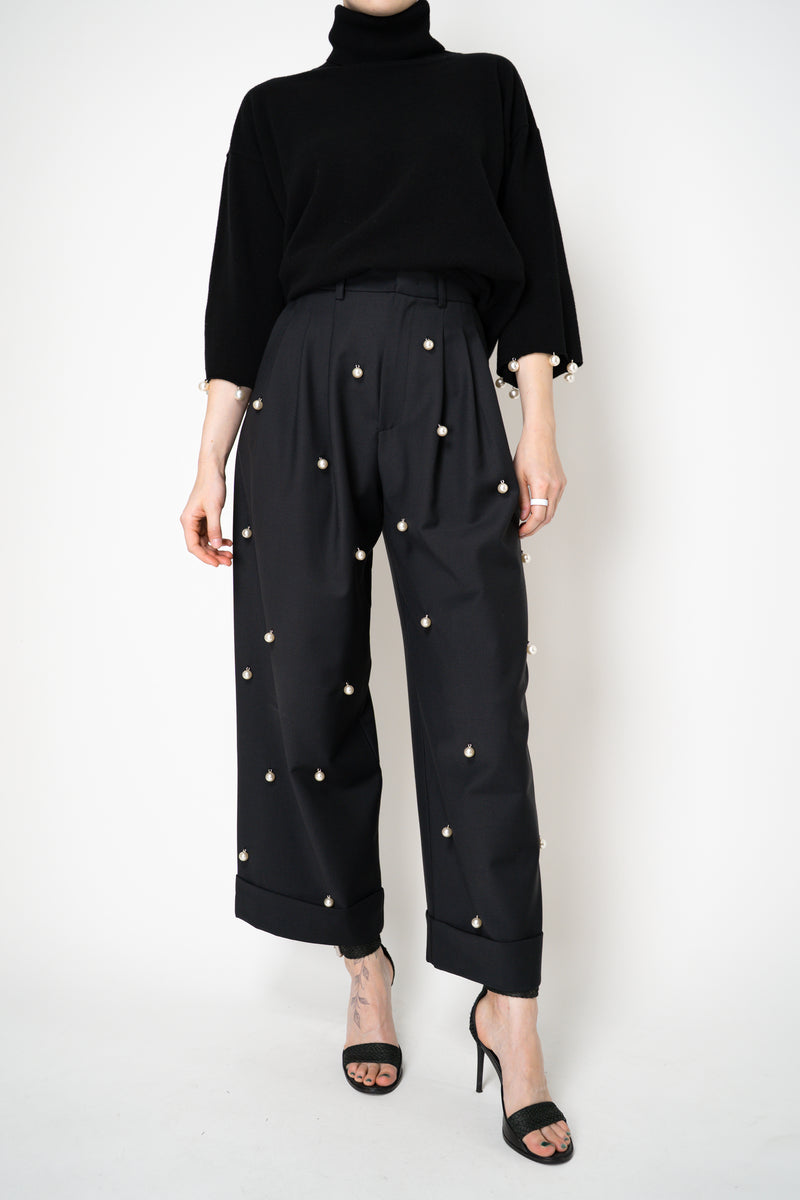 MeiMeiJ Twill Suiting Trousers with Pearl Embellishments in Black