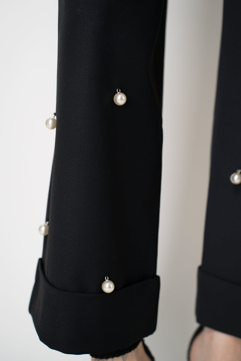 MeiMeiJ Twill Suiting Trousers with Pearl Embellishments in Black