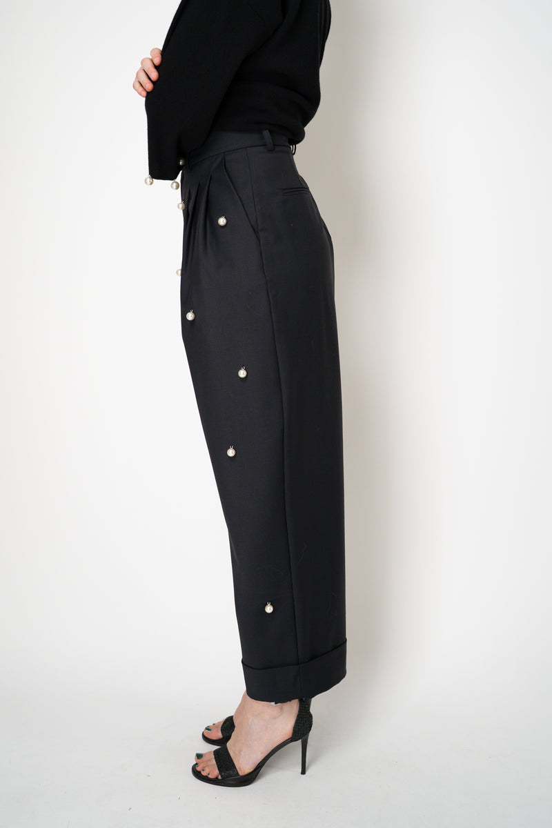 MeiMeiJ Twill Suiting Trousers with Pearl Embellishments in Black