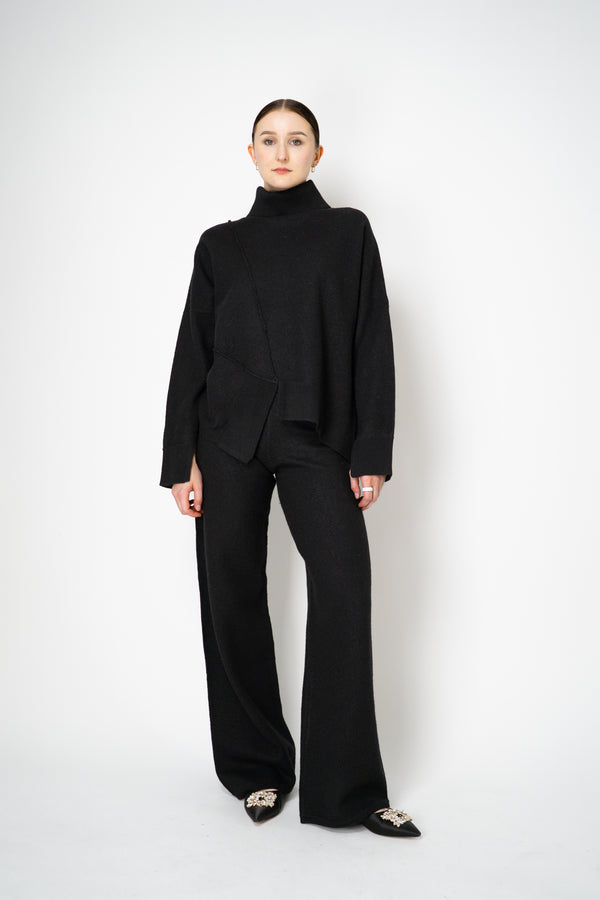 MeiMeiJ Pull-On Style Knit Boiled Wool Wide Leg Pants in Black