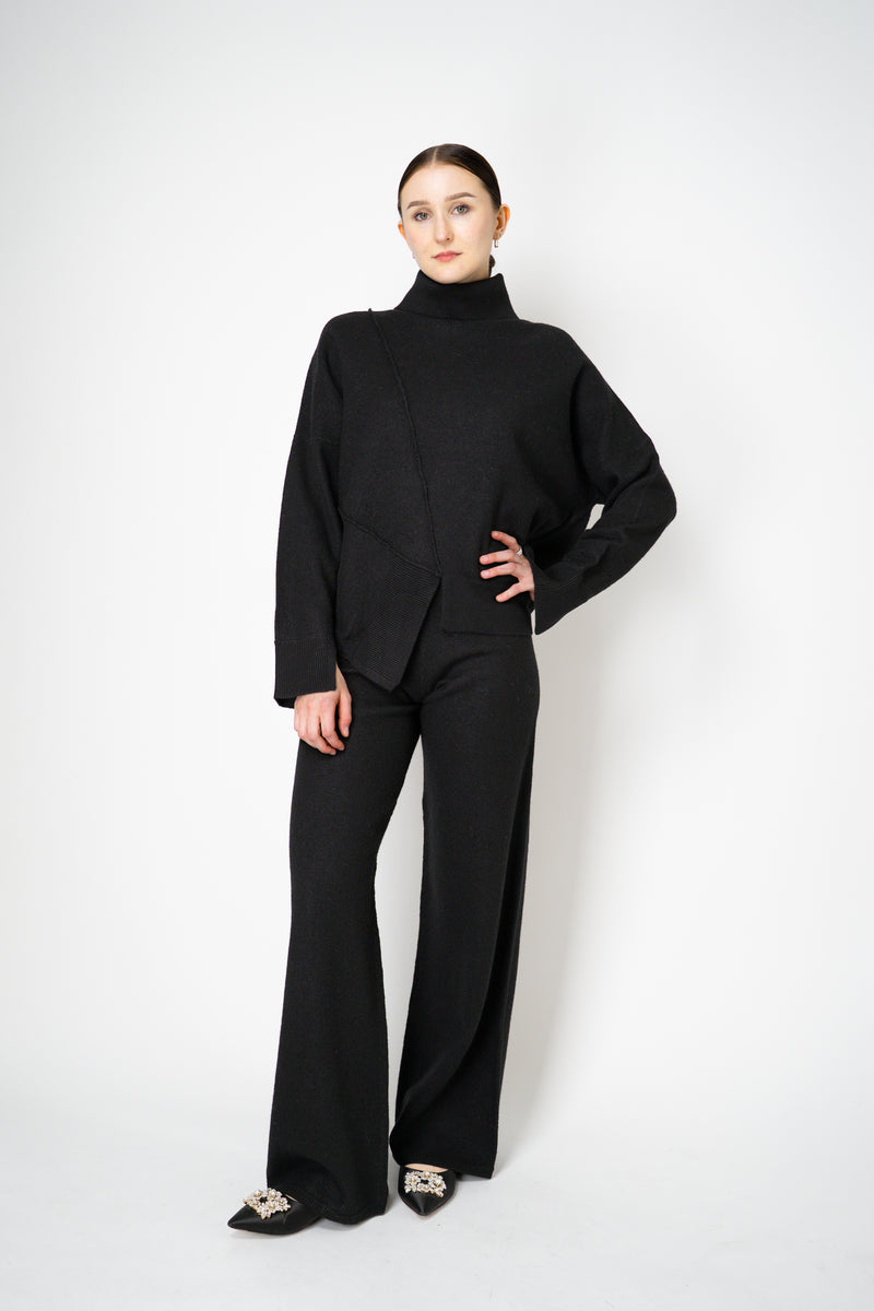 MeiMeiJ Split Turtleneck Felt Wool Knitted Pullover in Black
