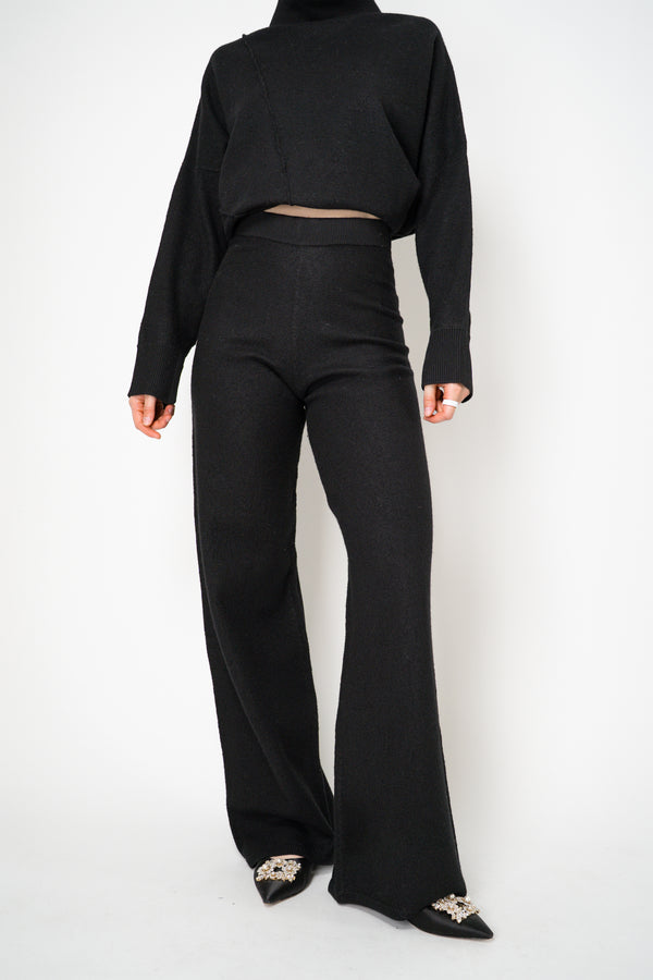 MeiMeiJ Pull-On Style Knit Boiled Wool Wide Leg Pants in Black