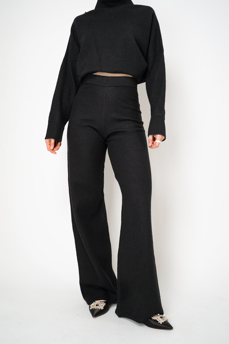 MeiMeiJ Pull-On Style Knit Boiled Wool Wide Leg Pants in Black