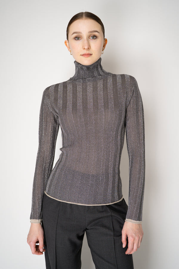 Fabiana Filippi Liquid Drape Ribbed Knit Turtleneck Pullover in Lurex Silver Vancouver. Shop Online or in Store.