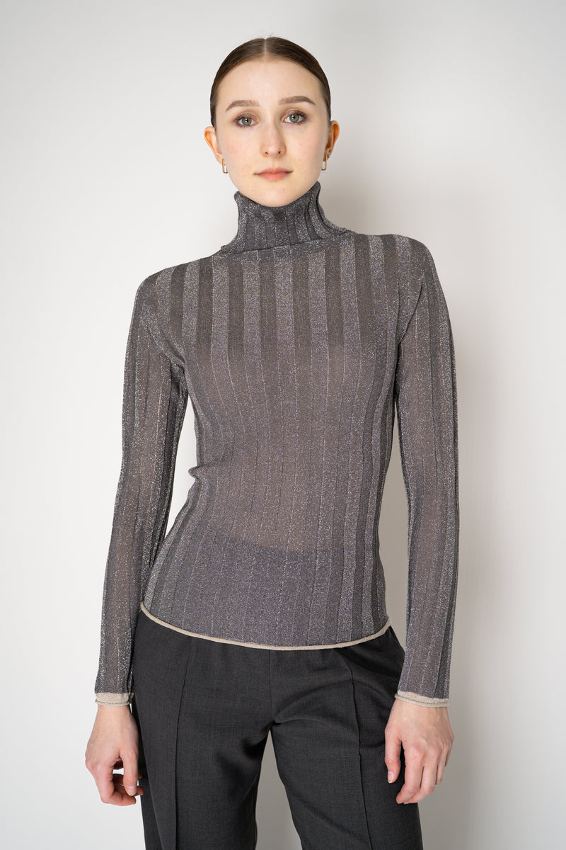 Fabiana Filippi Liquid Drape Ribbed Knit Turtleneck Pullover in Lurex Silver Vancouver. Shop Online or in Store.
