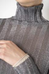Fabiana Filippi Liquid Drape Ribbed Knit Turtleneck Pullover in Lurex Silver Vancouver. Shop Online or in Store.