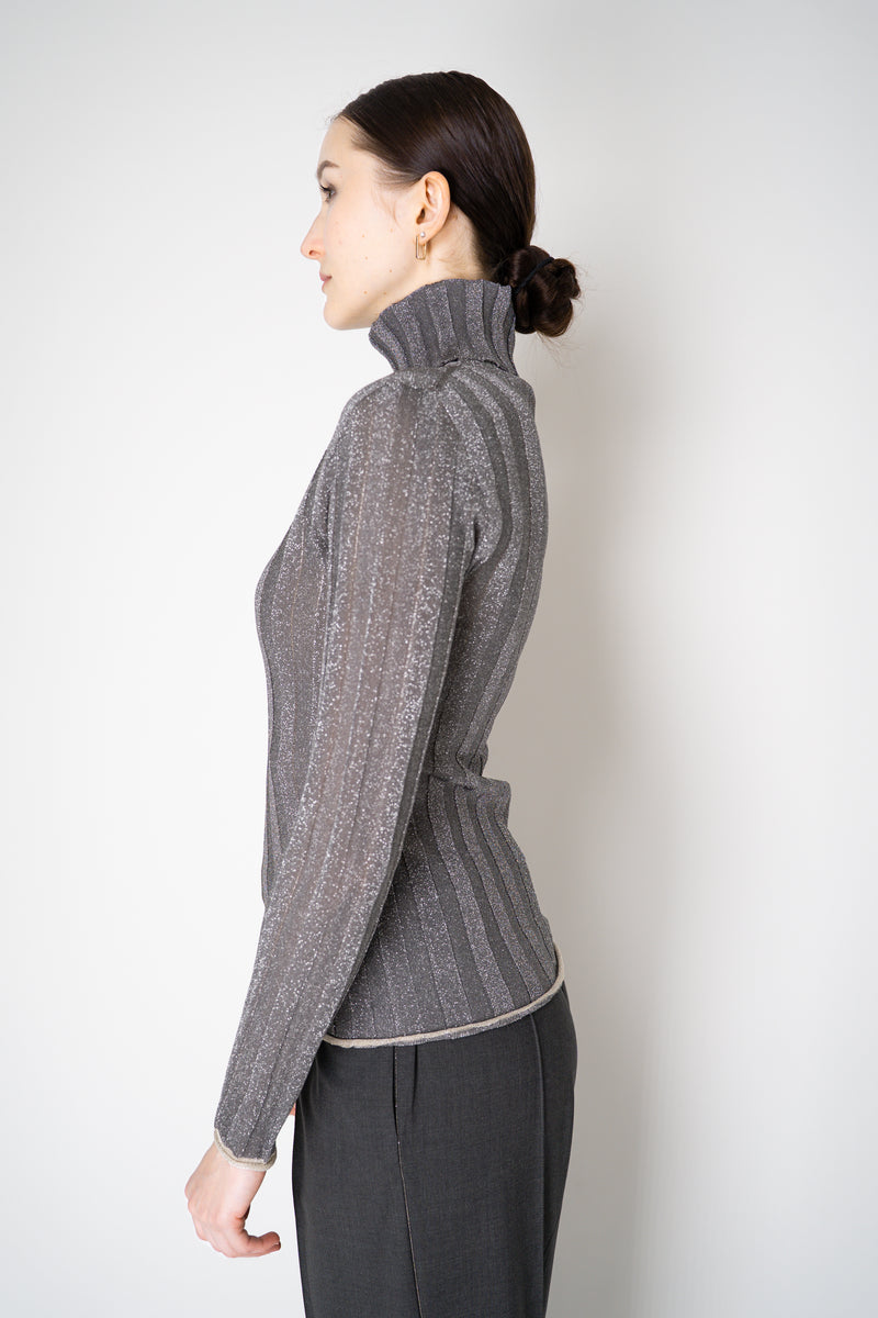 Fabiana Filippi Liquid Drape Ribbed Knit Turtleneck Pullover in Lurex Silver Vancouver. Shop Online or in Store.