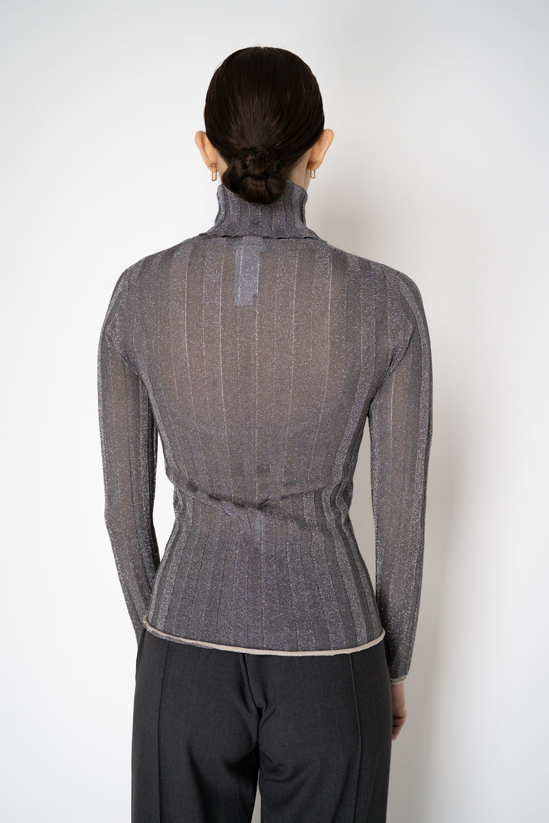 Fabiana Filippi Liquid Drape Ribbed Knit Turtleneck Pullover in Lurex Silver Vancouver. Shop Online or in Store.