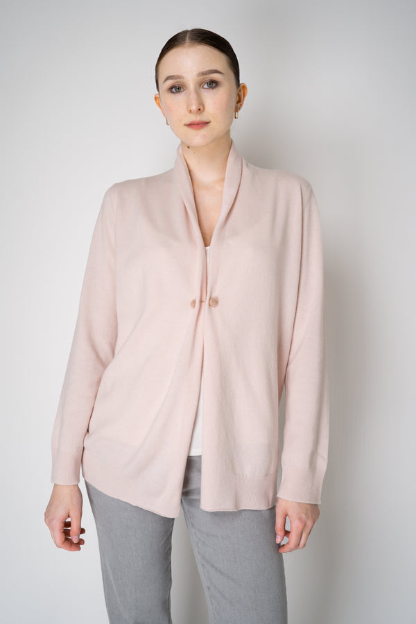Fabiana Filippi Wool Cashmere Open Front V-Neck Knit Cardigan with Pin Embellishment in Pastel Rose Vancouver. Shop Online or in Store.