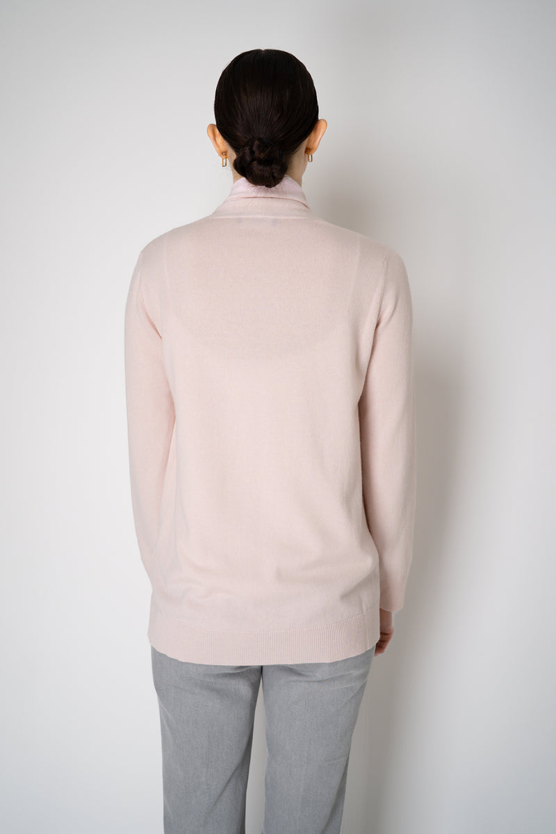 Fabiana Filippi Wool Cashmere Open Front V-Neck Knit Cardigan with Pin Embellishment in Pastel Rose Vancouver. Shop Online or in Store.