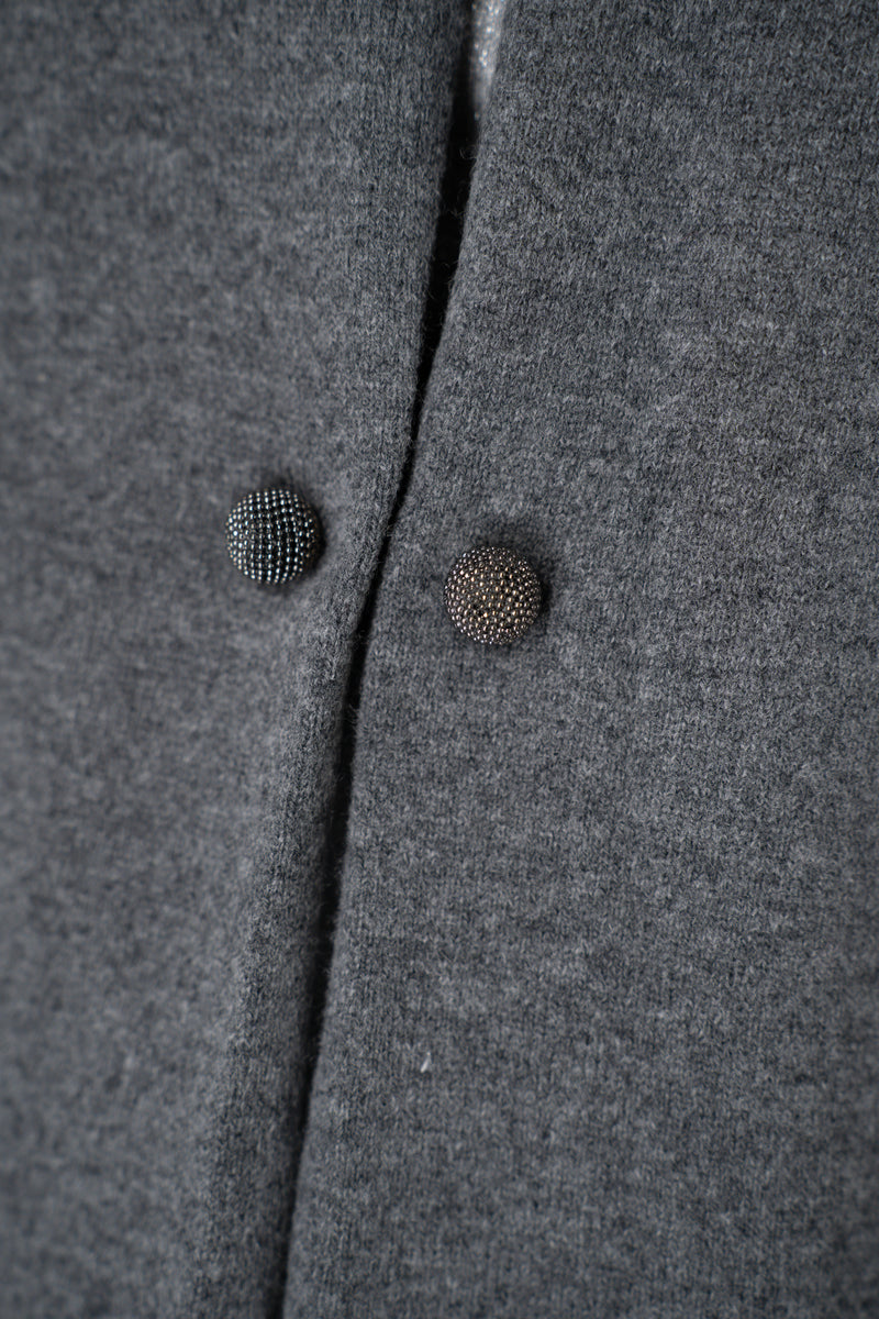 Fabiana Filippi Wool Cashmere Open Front V-Neck Knit Cardigan with Pin Embellishment in Grey Vancouver. Shop Online or in Store.