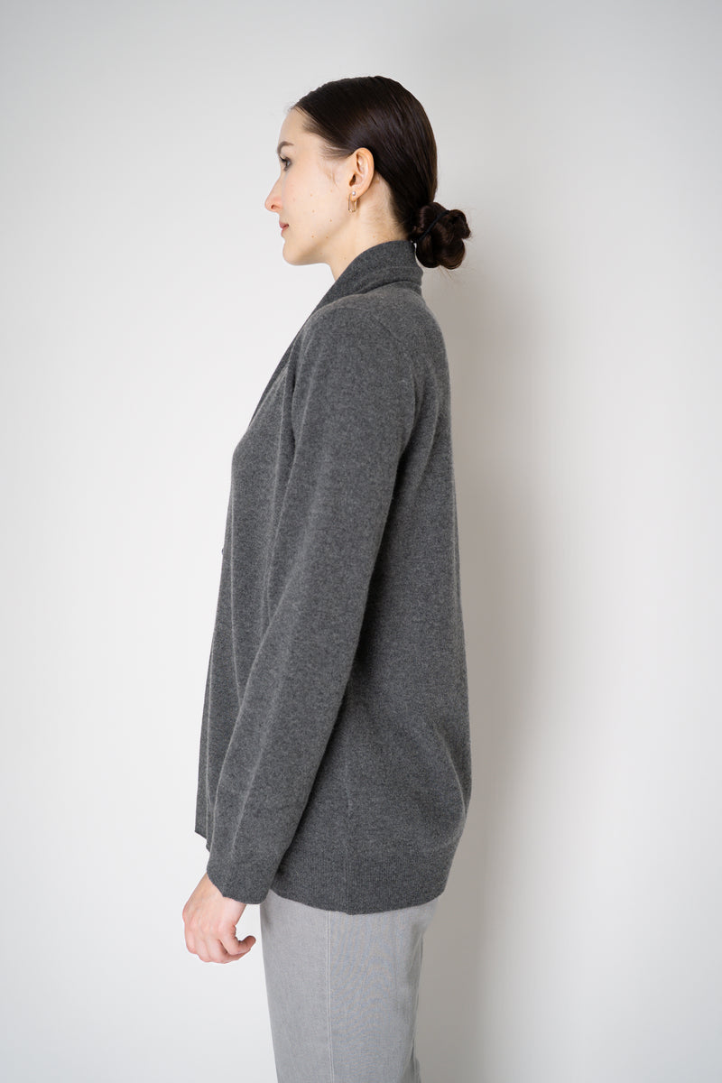 Fabiana Filippi Wool Cashmere Open Front V-Neck Knit Cardigan with Pin Embellishment in Grey Vancouver. Shop Online or in Store.
