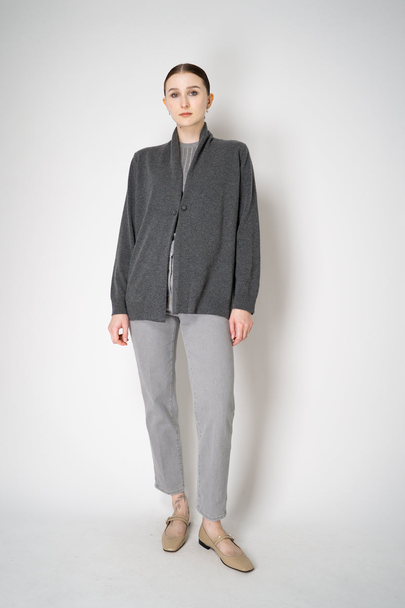 Fabiana Filippi Wool Cashmere Open Front V-Neck Knit Cardigan with Pin Embellishment in Grey Vancouver. Shop Online or in Store.