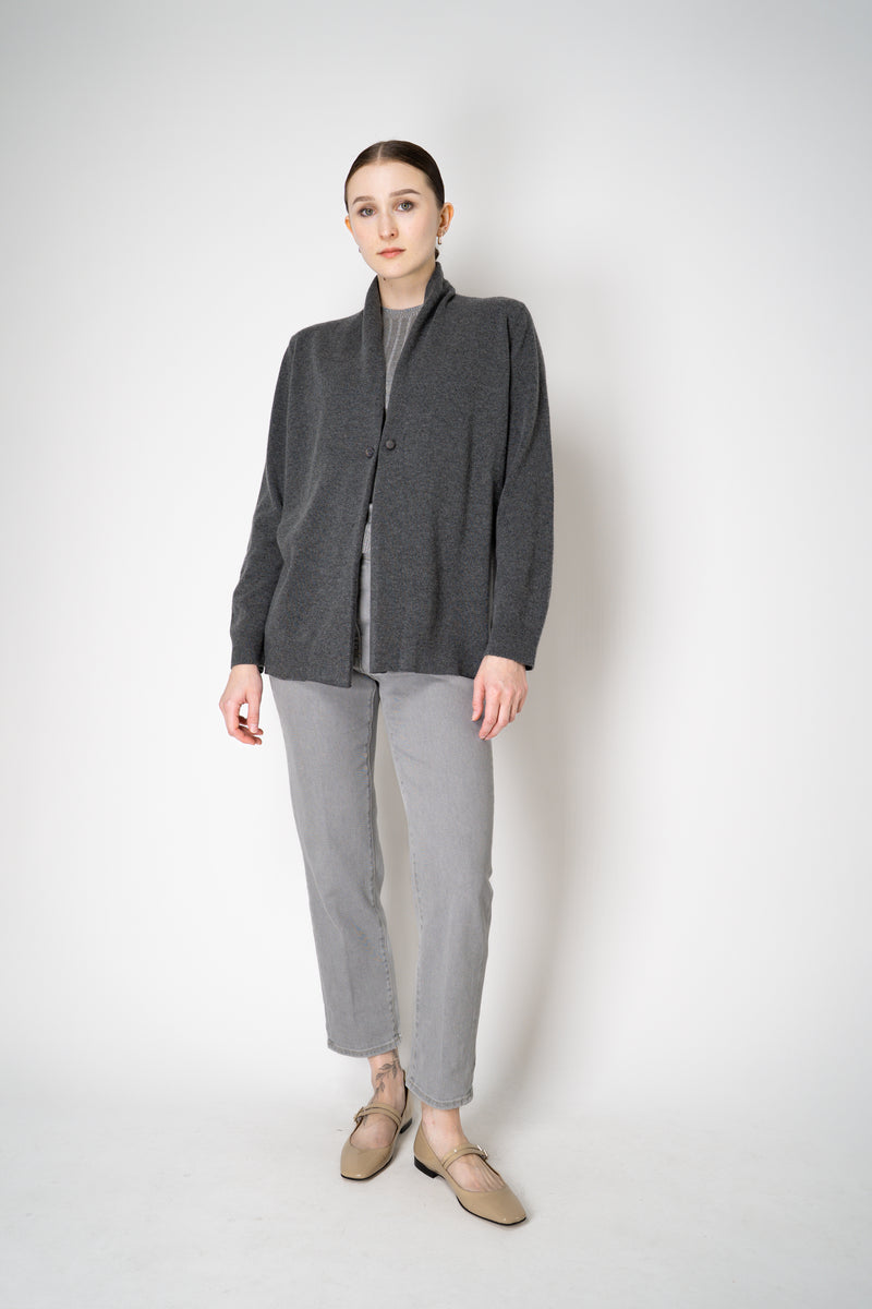 Fabiana Filippi Wool Cashmere Open Front V-Neck Knit Cardigan with Pin Embellishment in Grey Vancouver. Shop Online or in Store.