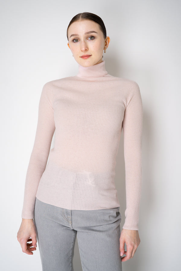 Fabiana Filippi Wool Cashmere Ribbed Turtleneck Pullover in Pastel Rose Vancouver. Shop Online or in Store.