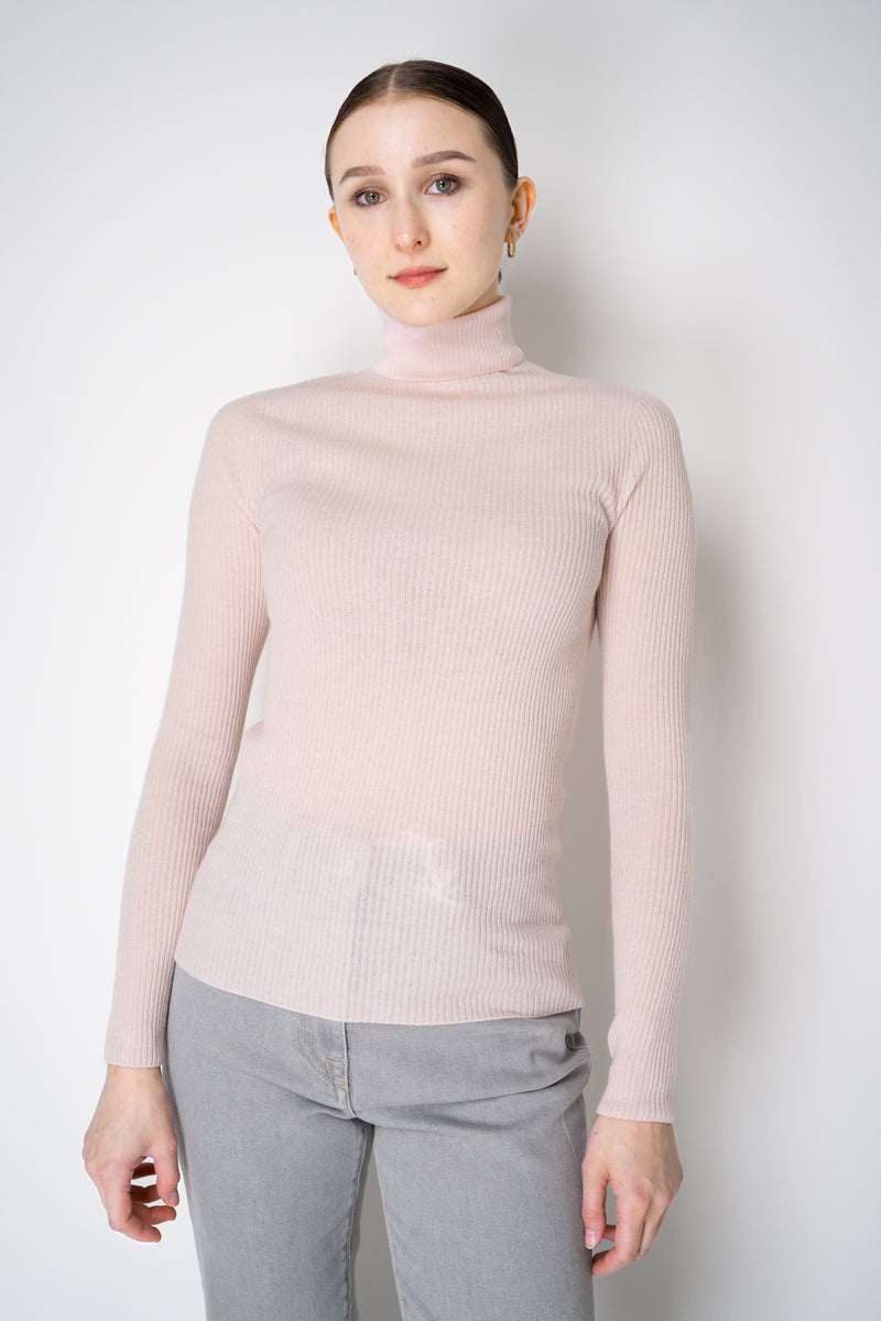 Fabiana Filippi Wool Cashmere Ribbed Turtleneck Pullover in Pastel Rose Vancouver. Shop Online or in Store.