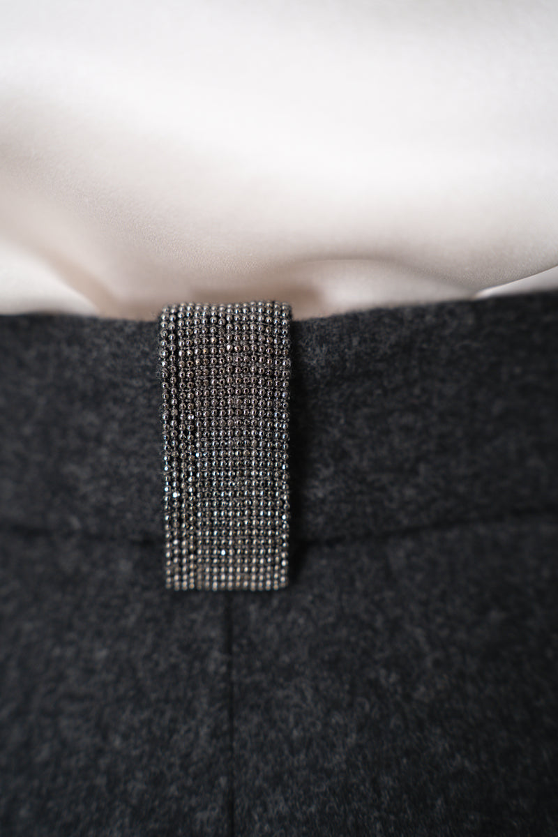 Fabiana Filippi Mid-Rise Wool Blend Flannel Trousers with Embellished Belt Hoop in Grey Vancouver. Shop Online or in Store.