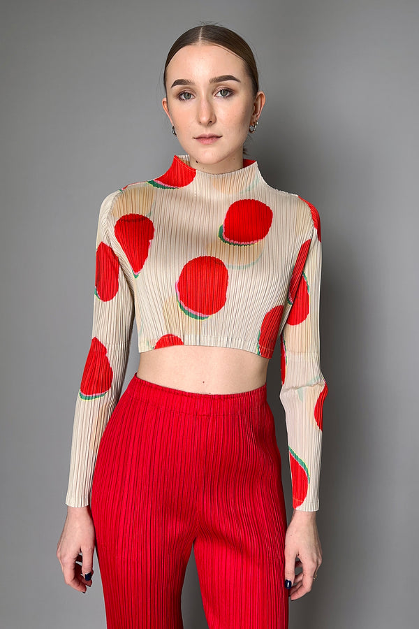 Pleats Please Issey Miyake "Bean Dots" Cropped Mockneck Top in Red