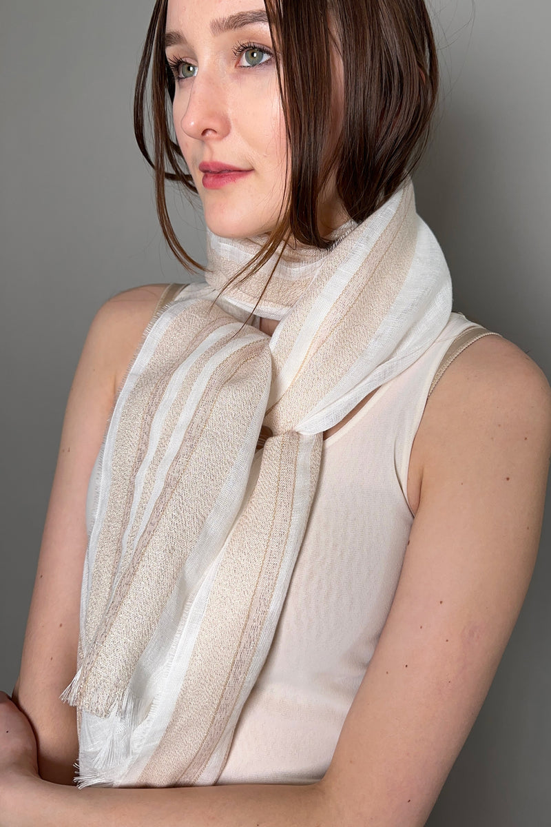 Peserico Scarf with Sparkly Lurex Stripe in Cream