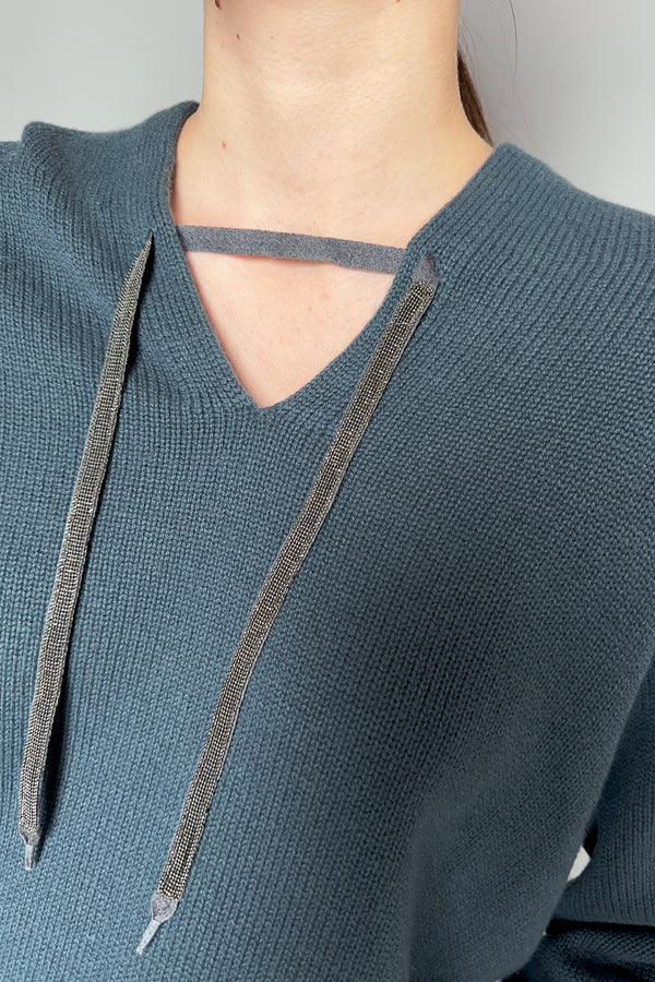 Fabiana Filippi Hooded Sweater with Brilliant Drawstring in Dark Teal- Ashia Mode- Vancouver, BC