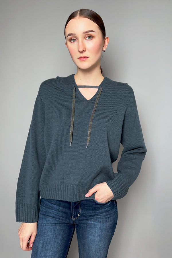 Fabiana Filippi Hooded Sweater with Brilliant Drawstring in Dark Teal- Ashia Mode- Vancouver, BC