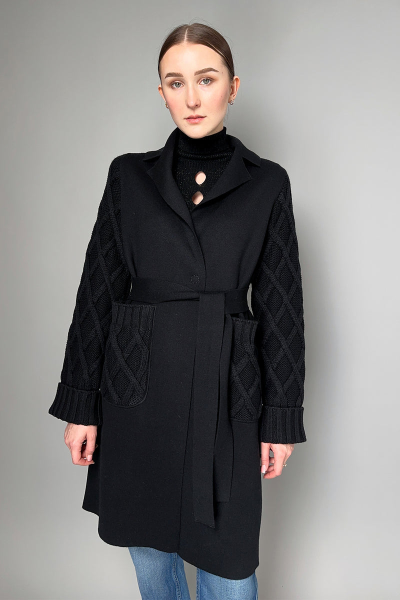 D. Exterior Knit Robe Style Cardigan with Cable Knit Sleeves in Black