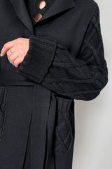 D. Exterior Knit Robe Style Cardigan with Cable Knit Sleeves in Black