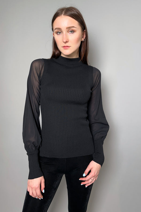 D. Exterior Ribbed Knit Turtleneck with Tulle Balloon Sleeves in Black - Ashia Mode – Vancouver, BC