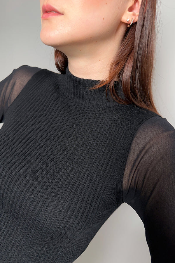 D. Exterior Ribbed Knit Turtleneck with Tulle Balloon Sleeves in Black - Ashia Mode – Vancouver, BC