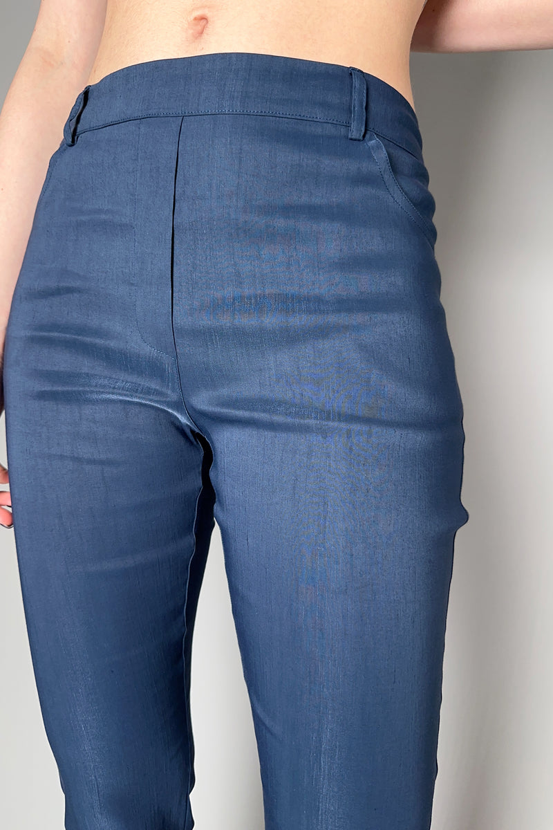 D. Exterior Satin Finish Linen Trousers in Navy