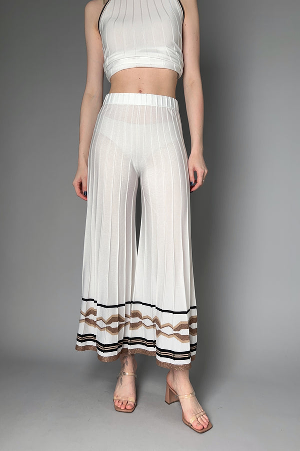 D. Exterior Ribbed Knit Pants in White with Bronze Lurex Pattern