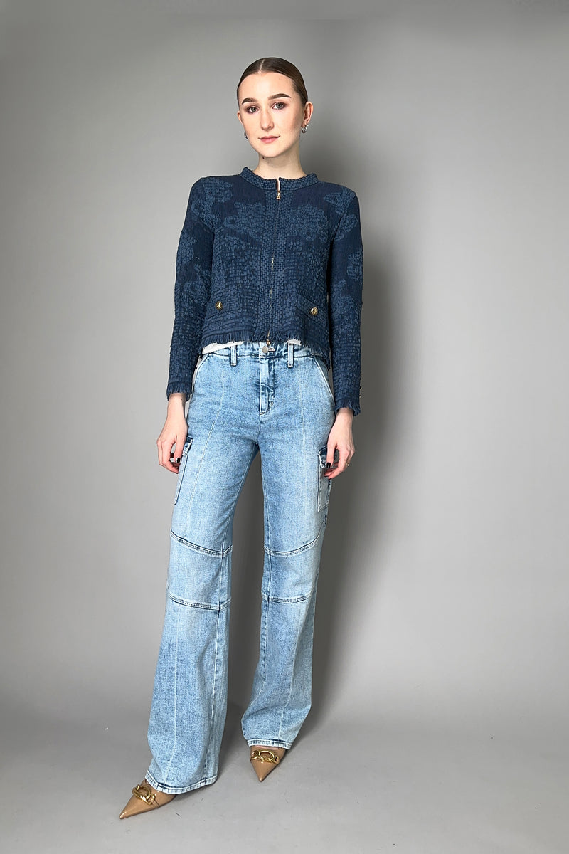D. Exterior Embossed Knit Jacket with Fringes in Dark Blue