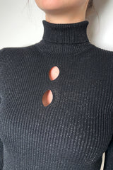 D. Exterior Sparkly Ribbed Turtleneck Sweater in Black