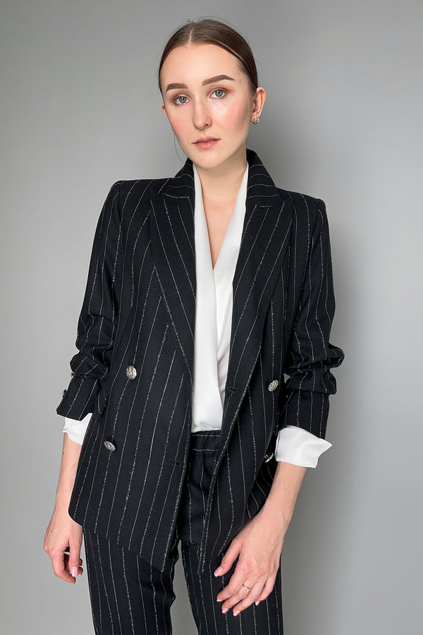 D. Exterior Double Breasted Black Flannel Blazer with Lurex and Wool Stripes