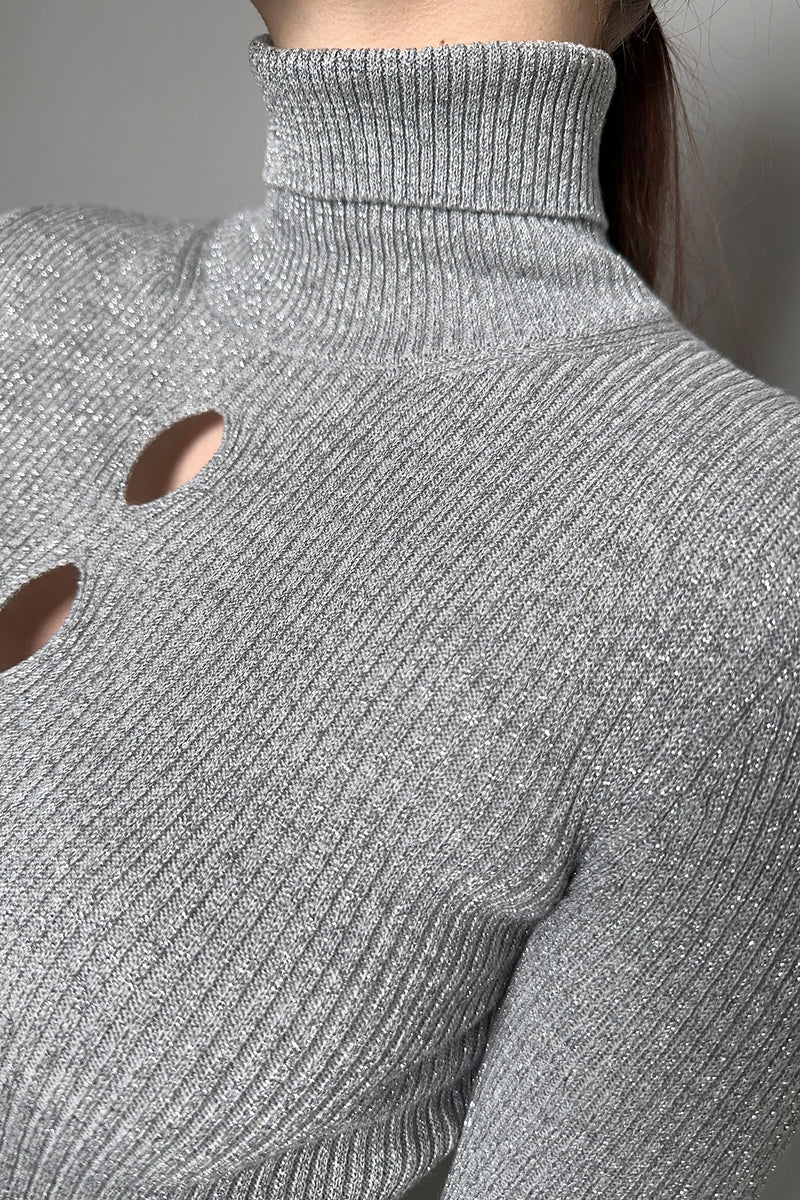 D. Exterior Sparkly Ribbed Turtleneck Sweater in Silver Vancouver. Shop Online or in Store.