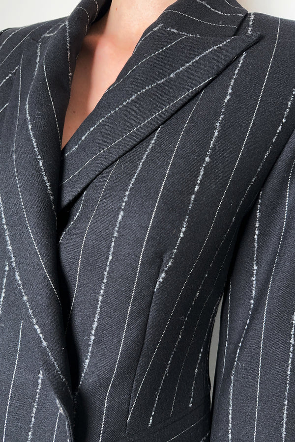 D. Exterior Double Breasted Black Flannel Blazer with Lurex and Wool Stripes
