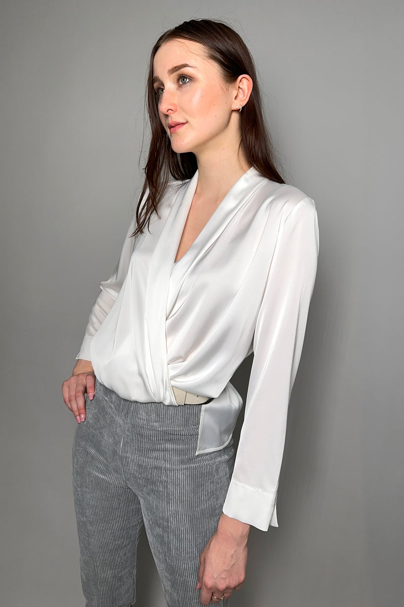 D. Exterior Fluid Satin Crossover Blouse in White - Ashia Mode – Vancouver, BC