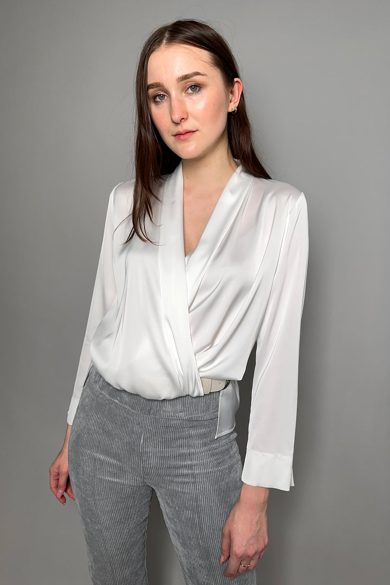 D. Exterior Fluid Satin Crossover Blouse in White - Ashia Mode – Vancouver, BC