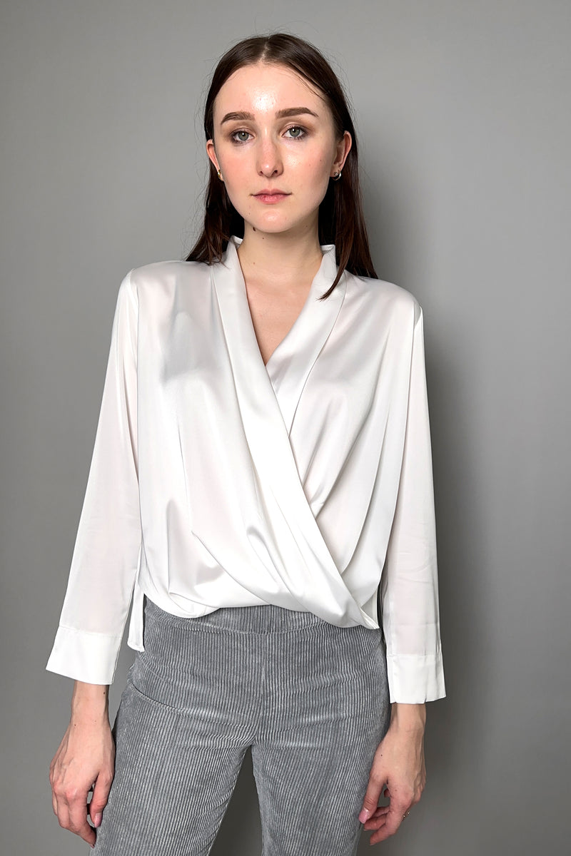 D. Exterior Fluid Satin Crossover Blouse in White - Ashia Mode – Vancouver, BC