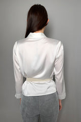 D. Exterior Fluid Satin Crossover Blouse in White - Ashia Mode – Vancouver, BC