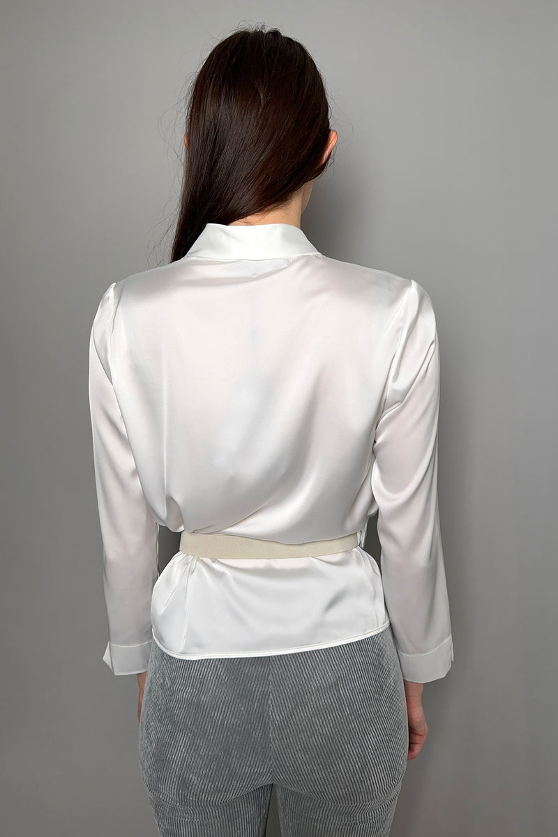 D. Exterior Fluid Satin Crossover Blouse in White - Ashia Mode – Vancouver, BC