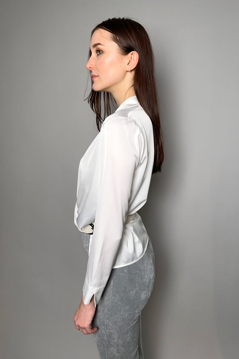 D. Exterior Fluid Satin Crossover Blouse in White - Ashia Mode – Vancouver, BC