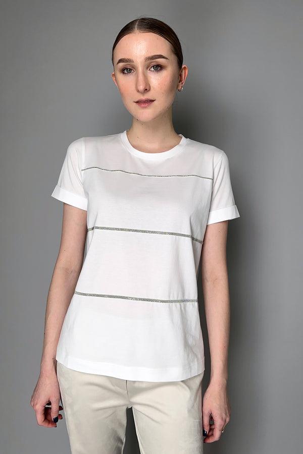 D. Exterior Stretch Cotton T-shirt with Brilliant Stripes in White
