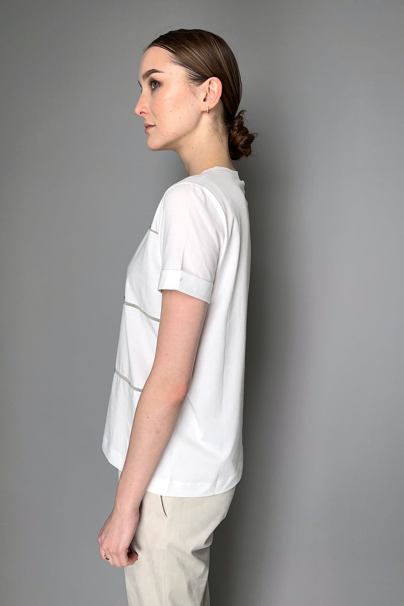 D. Exterior Stretch Cotton T-shirt with Brilliant Stripes in White