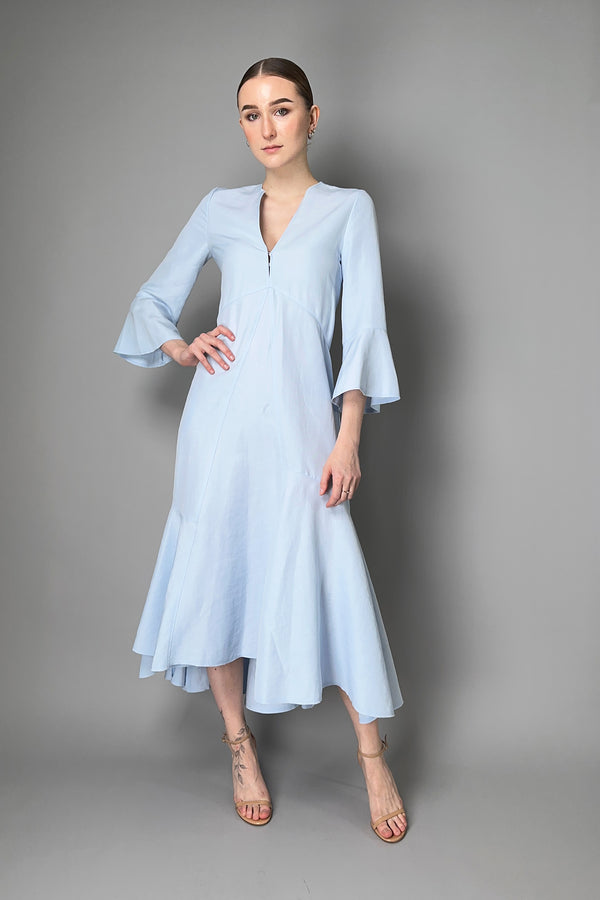 Dorothee Schumacher Linen Blend Maxi Dress with a V-Neckline in Soft Blue Vancouver. Shop Online or in Store.