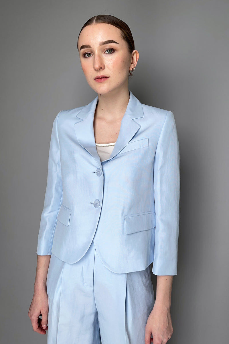 Dorothee Schumacher Linen Blend Cropped Blazer with Cropped Sleeves in Soft Blue