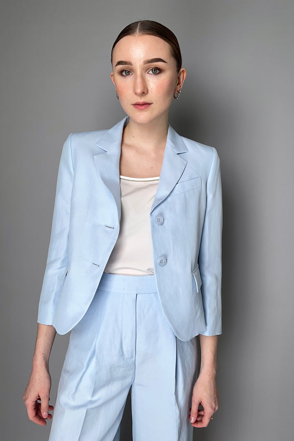 Dorothee Schumacher Linen Blend Cropped Blazer with Cropped Sleeves in Soft Blue