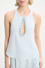 Dorothee Schumacher Linen Blend Shell with Embroidered Cutout in Soft Blue